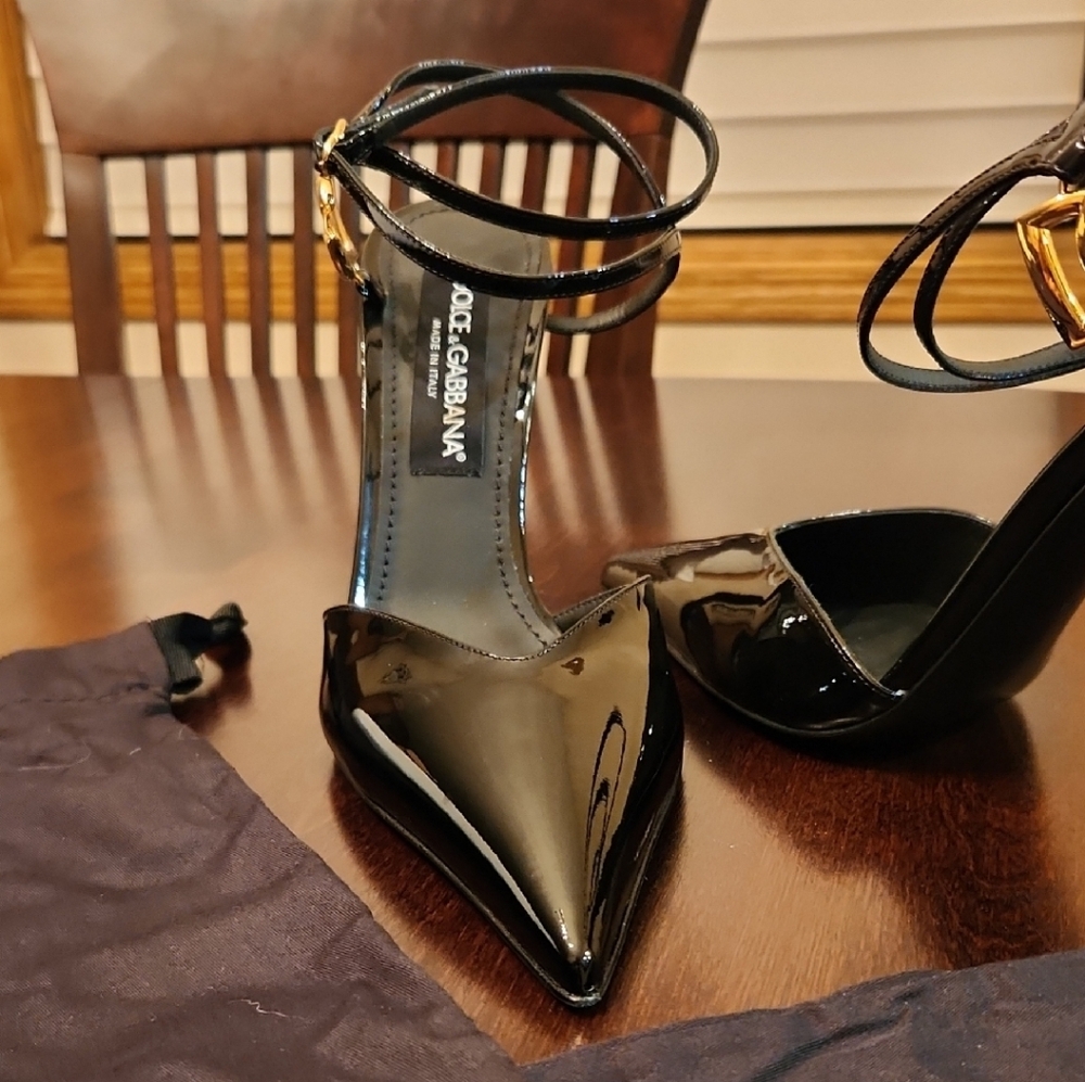Dolce & Gabbana Lollo Slingbacks Black Heels with Gold Accents - Picture 6 of 8